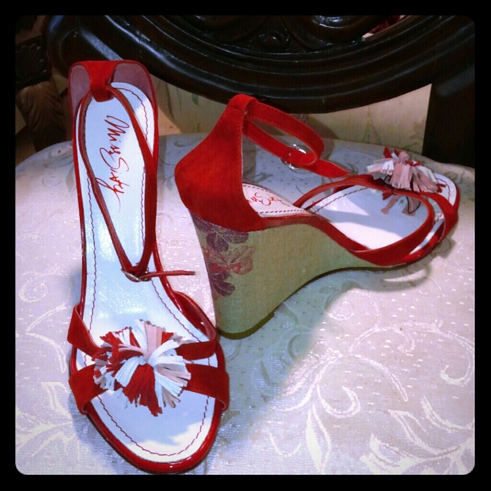 NEW MISS SIXTY ALL LEATHER RED BOTTOM WEDGE HEELS